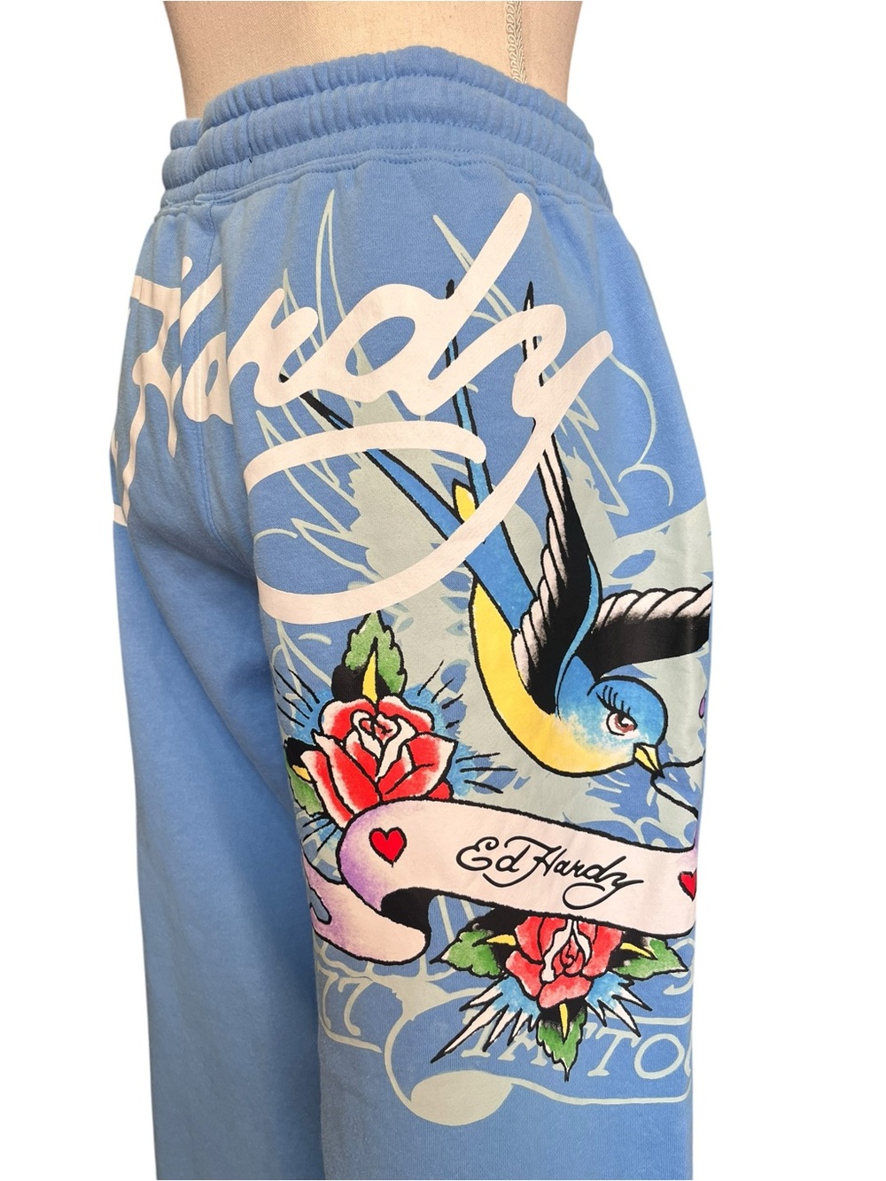 Ed Hardy Baby Blue Wide Leg Sweatpants Y2K Tattoo Graphic Lounge Pants L - Picture 5 of 10
